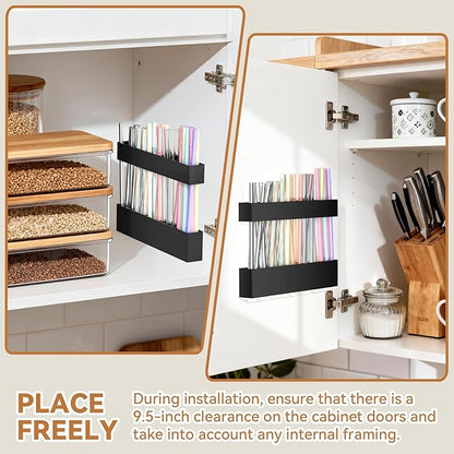 9.5 Inch Cabinet Door Acrylic Straw Holder with Double-Sided Tape, Kitchen Countertop Cabinet Storage Box Organizer for Straws (Black)