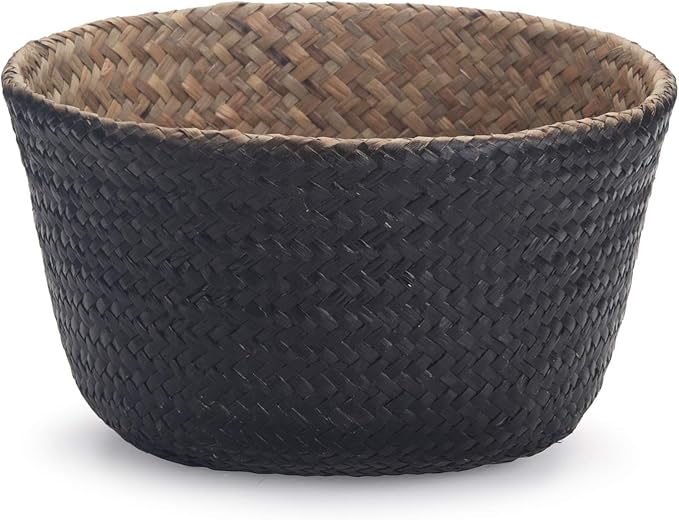 Seagrass Storage Basket, Natural Woven Storage Basket (Black 7 inch D x 8 inch H)