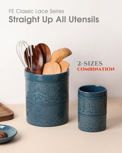 FUN ELEMENTS Kitchen Utensil Holder, 7.2+5.5" Super Large Utensil Crock Heavy and Stable Lace Emboss Ceramic Utensil Holder for Kitchen Counter(2Pcs Grayish Blue)