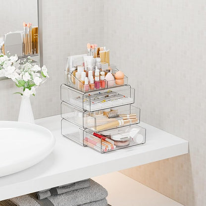 Yieach 4 Tier Clear Acrylic Makeup Organizers with Drawers,Tiered Countertop Make up Storage Organizer for Dresser Top and Bathroom Vanity,Plastic Makeup Stand for Brush,Skincare,Beauty Organizers