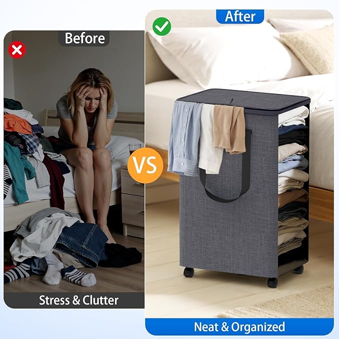 Laundry Basket with 5 Wheels, Tall Dirty Laundry Hamper, Rolling Laundry Basket with Lid, Large 90L Collapsible Clothes Hamper for Laundry Room Bedroom Bathroom Dorm, Light Gray