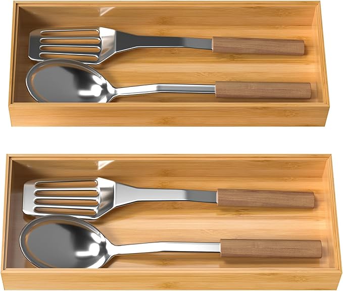 VeyFey Bamboo Drawer Organizer, Stackable Utensil Organizer for Kitchen, Bamboo Storage Box Wood Silverware Tray for Drawer 15" x 6" x 2" Set of 2