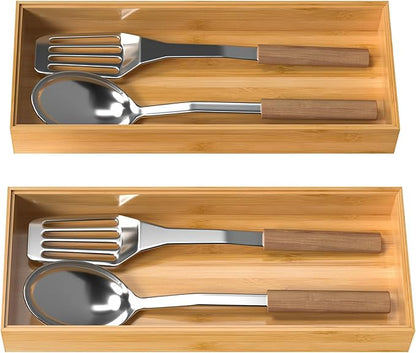 VeyFey Bamboo Drawer Organizer, Stackable Utensil Organizer for Kitchen, Bamboo Storage Box Wood Silverware Tray for Drawer 15" x 6" x 2" Set of 2