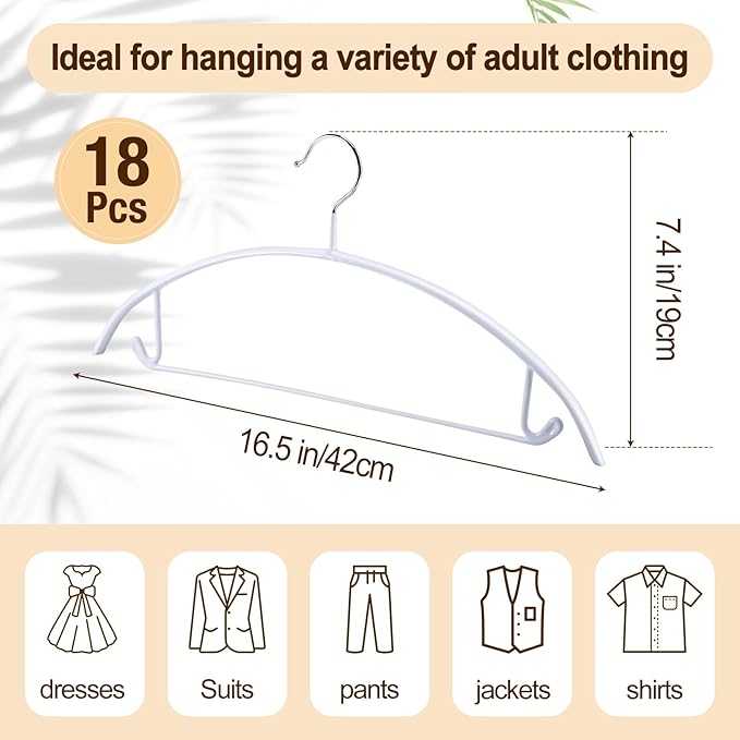 18 Pack Clothes Hangers, PVC Coating Sweater Hangers, 16.5 Inch No Shoulder Bump Coat Hanger, Heavy Duty Non-Slip Metal Hanger for Sweaters, Jackets, Coat, T Shirts (White)