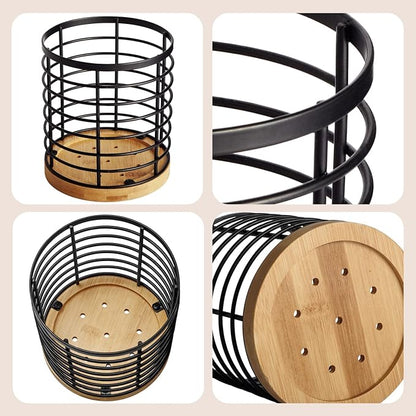 WDT Tool Utensil holder for Kitchen Counter - 5.2" x 5.2" x 6" Large Round with Wooden Base Matte Black Cooking Utensil Holder Utensil Organizer (Metal+Bamboo)