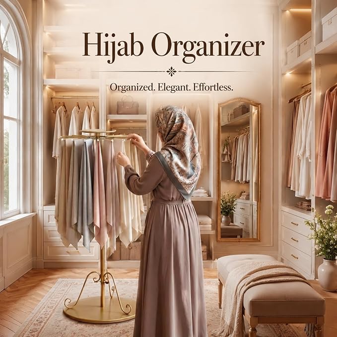 Novabright Adjustable Freestanding 360° Rotating Scarf Display Rack with 30 Rods, Gold Tie Belt Hanger Shawl Shelf Hijab Stand, 35.43-56" Height Scarf Holder for Boutique Clothing Store Home Storage
