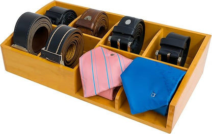 Belt Organizer for Closet and Drawer – 8 Compartments Bamboo Storage Box for Belts and Ties – Eco-Friendly Natural Bamboo