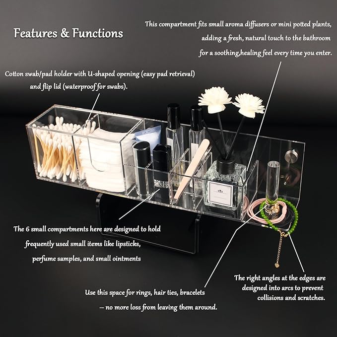 Wall-Mountable Arylic Makeup Organizer for Bathroom Countertop Organizer with 9 Slots for Small Items Clear Bathroom Storage Accessories 1 Pack with Decorative Screws