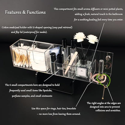 Wall-Mountable Arylic Makeup Organizer for Bathroom Countertop Organizer with 9 Slots for Small Items Clear Bathroom Storage Accessories 1 Pack with Decorative Screws