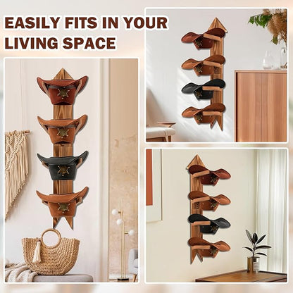 Cowboy Hat Holder for Wall, Wooden Rustic Farmhouse Hook Rack- Holds up to 4 hats(Brown)