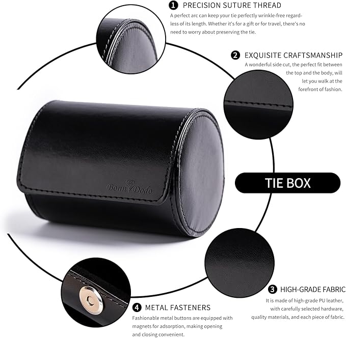 Tie Box for Men 's PU Ties case Necktie Organize Cylinder Leather Men’s Storage Portable Tie Roll for Travel Business Gifts (Black)
