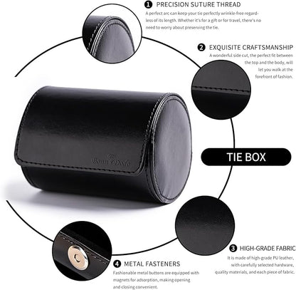 Tie Box for Men 's PU Ties case Necktie Organize Cylinder Leather Men’s Storage Portable Tie Roll for Travel Business Gifts (Black)