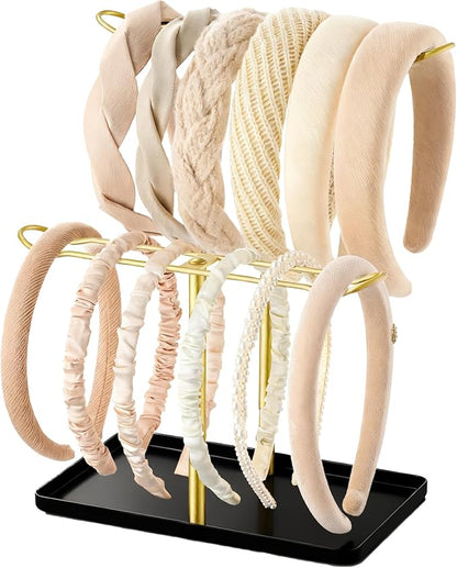Headband Holder Organizer, 2-Tier T-bar Storage Stand with Tray for Hair Accessories Hairband Hair Clip, for Girls Women, Gold & Black