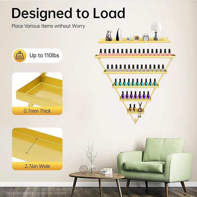 Elegant Gold Wall Mounted Nail Polish Rack - Set of 6 Triangular Cosmetic Display Shelves for Essential Oil Bottles, Organize Your Lipsticks and Perfumes in Style at Home or Salon (Gold)