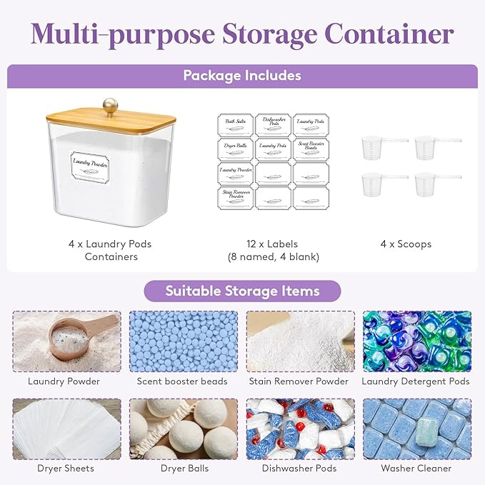 Lifewit Laundry Pods Container with Lid, Dryer Sheet Holder, Room Organization Storage for Coffee Pods Kcup Washing Powder, Scent Booster Beads, 2600 ml/0.7gal，Natural,4 Pcs