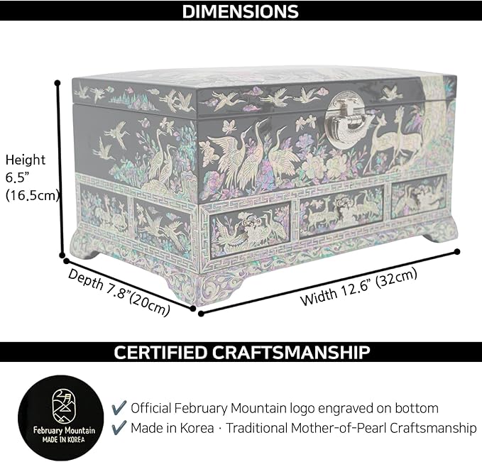 February Mountain Lockable Korean Mother-of-Pearl Jewelry Box - Najeon Chilgi Lacquerware with Crane and Floral Design, Vibrant Black Finish, Handmade (Black)