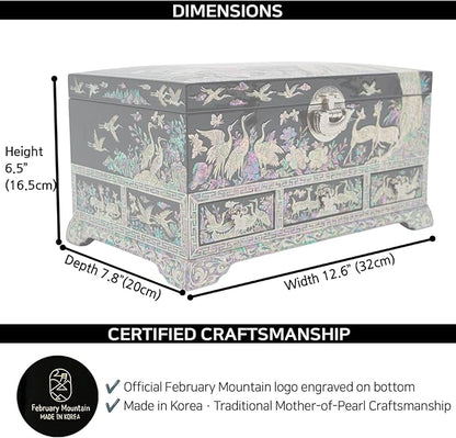 February Mountain Lockable Korean Mother-of-Pearl Jewelry Box - Najeon Chilgi Lacquerware with Crane and Floral Design, Vibrant Black Finish, Handmade (Black)