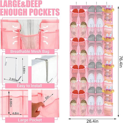 Windyun 40 Over the Door Shoe Organizer Large Breathable Mesh Pockets Pink Hanging Shoe Rack for Closet Behind Door Hanger Storage Holder Nonslip Hooks for Women Entryway Bedroom Utility Room