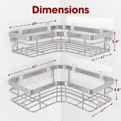 Sakugi Corner Shower Caddy - 2 Pack, Adhesive Shower Organizers, Rustproof Stainless Steel Shower Shelves with 8 Hooks, No Drilling Bathroom Organizers and Storage Racks, Space-Saving, Silver, X-Large
