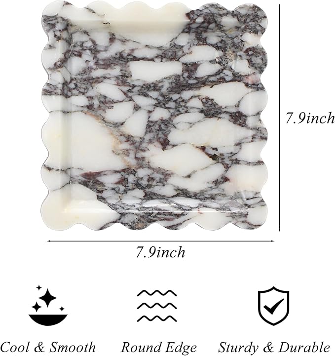 Square Marble Vanity Tray with Scalloped Edge - Natural Marble Perfume Tray Decor for Dresser, Vanity, Kitchen, Home Decor, Decorative Square Stone Tray - Calacatta Viola 8 * 8 inch