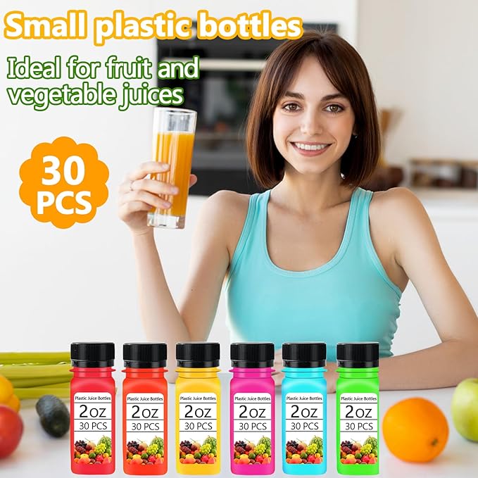 30PCS 2oz Small Plastic Shot Bottles with Caps,Reusable Clear Juice Containers,Empty Plastic Containers with 10 Funnels for Ginger Shots,Liquids,Beverages