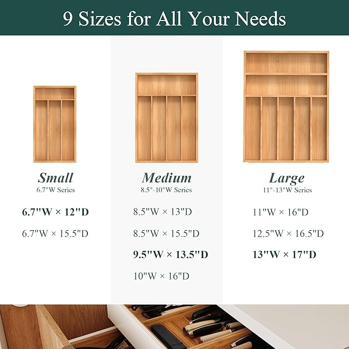 Bamboo Silverware Organizer, Kitchen Drawer Organizer, Utensil Holder, Cutlery Tray & Spoon Flatware Storage with Grooved Drawer Dividers (9.5''W x 13.5''D)