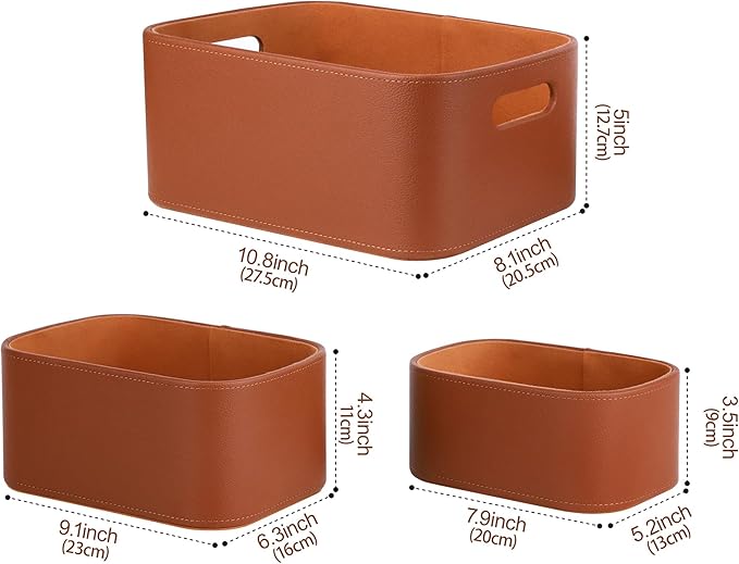 HofferRuffer Faux Leather Storage Baskets Bins with Velvet Lining for Organizing, Storage, Gifts, Set of 3 Nesting Shelf Baskets Decorative Storage Boxes for Home Organization (Brown)