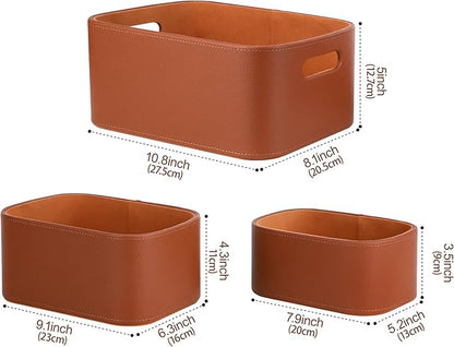 HofferRuffer Faux Leather Storage Baskets Bins with Velvet Lining for Organizing, Storage, Gifts, Set of 3 Nesting Shelf Baskets Decorative Storage Boxes for Home Organization (Brown)