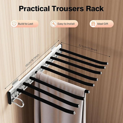 Pull Out Trousers Rack 9 Arms Closet Pants Hanger Bar Stainless Steel Rail Extendable Trousers Hanger for Clothes Towel Scarf Tie, 18.11x12.83in (Left Installation)