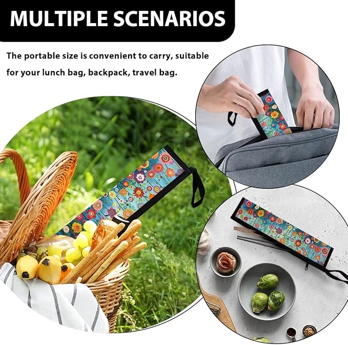 Cutlery Storage Bag Travel Silverware Cloth Bags for Travel Tableware Carrying Bag Travel Silverware Case Utensil Pouch Utensil Case,Floral Field