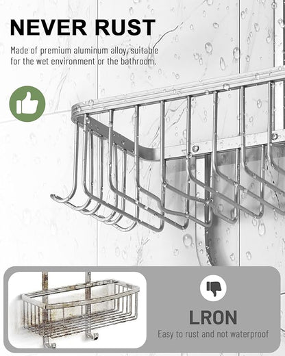 Shower Caddy Hanging - Never Rust Shower Hanging Organizer - Aluminum Over the ShowerHead Caddy with 6 Hooks for Razor/Sponge (Silver)