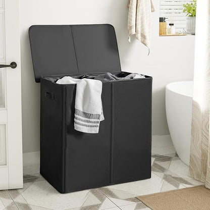 WOWLIVE 140L Double Laundry Hamper with Lid and Removable Laundry Bags, Large Dirty Clothes Hamper 2 section Collapsible Laundry Basket Dorm Room Storage for Bedroom, Bathroom, College,Black