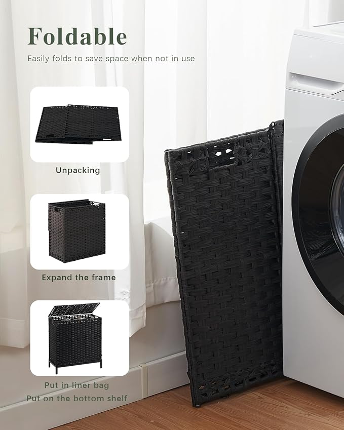 SETVSON Laundry Hamper with Lid 132 L, (35 Gallons) Clothes Hamper with Lid, Handwoven Rattan Laundry Hamper with Metal Heightened Feet, Laundry Hampers with 3 Removable Liner Bags for Laundry-Black