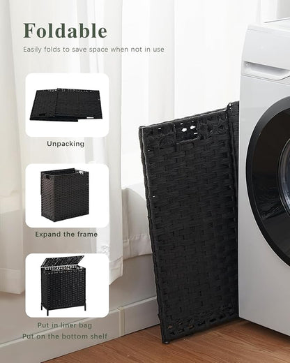 SETVSON Laundry Hamper with Lid 132 L, (35 Gallons) Clothes Hamper with Lid, Handwoven Rattan Laundry Hamper with Metal Heightened Feet, Laundry Hampers with 3 Removable Liner Bags for Laundry-Black
