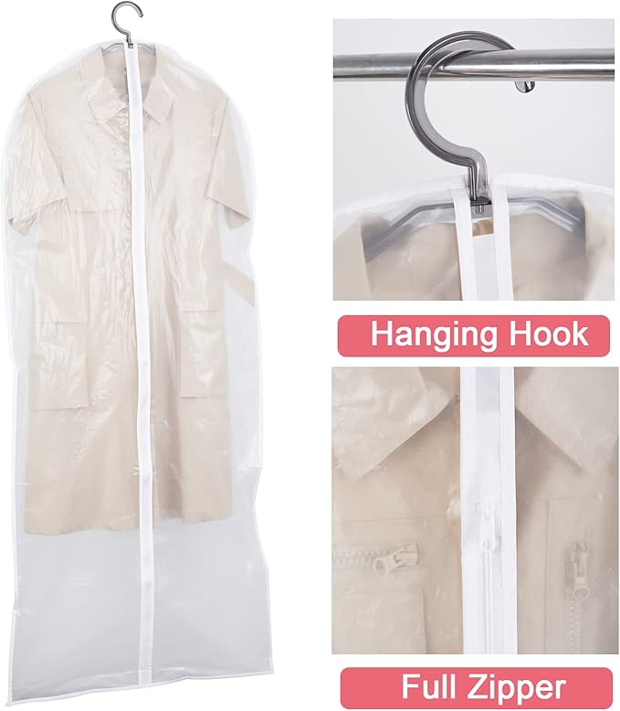 Clear Garment Bags with Full Zipper Lightweight Foldable Dust Proof Breathable Extra Wide Travel Suit Bags for Hanging Clothes Closet Storage, 24''x48'' / 6 Pack