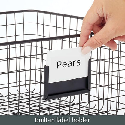 mDesign Wide Steel Wired Storage Organizer Bin Baskets with Label Slot for Kitchen Pantry, Cabinet, Organizing Holder for Food, Drinks, Snacks, Produce, Omaha Collection, 2 Pack, Matte Black