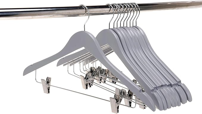 Quality Wooden Skirt Hangers with Clips, 20-Pack Smooth Solid Wood Pants Hangers with Durable Adjustable Metal Clips, Swivel Hook, Coat, Jacket, Blouse Suit Hangers (Gray, 20)