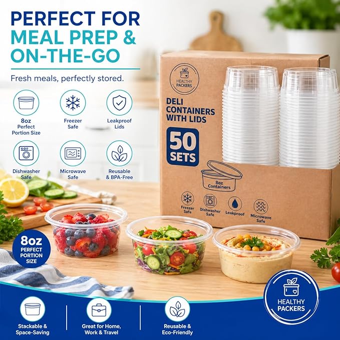 Healthy Packers Plastic Deli Containers with Lids (8oz 50 Sets) - Clear Plastic Containers with Airtight Lids - Great for Your Slime Kit, Food - BPA Free | Leakproof - Microwaveable & Freezer Safe