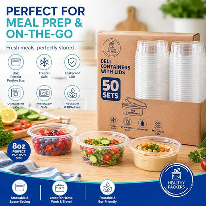 Healthy Packers Plastic Deli Containers with Lids (8oz 50 Sets) - Clear Plastic Containers with Airtight Lids - Great for Your Slime Kit, Food - BPA Free | Leakproof - Microwaveable & Freezer Safe