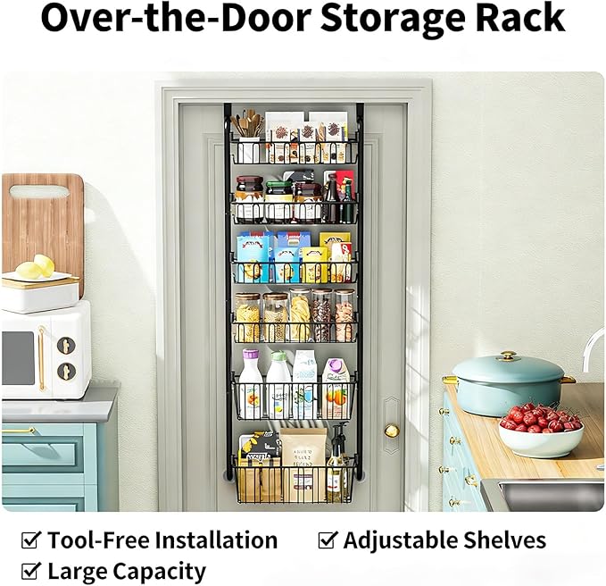 Over The Door Organizer - 4/6/8 Tier Removable Metal Storage Baskets for Pantry Bathroom Back of Door Adjustable Door Hanger Rack Black
