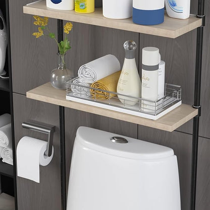 Toilet Paper Basket, 13 Inch Oak and Iron Bathroom Tank Tray Top of Toilet Storage Toiletries Organizer for Bathroom, Living Room and Kitchen (White)