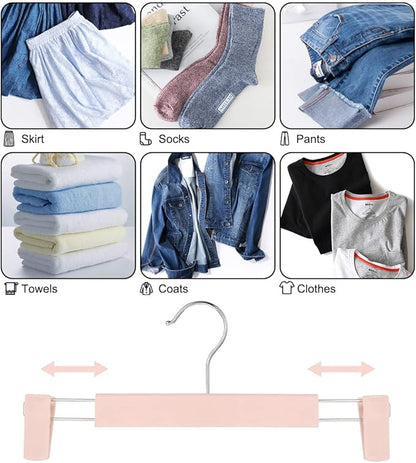 GUANJUNE Clothes Pants Hangers, Space-Saving Skirt Holders with 360 ° Swivel Hooks, Adjustable Clips, Trouser Hangers, Clothes Coat Garment Jeans Hangers (30 Pack, Pink)