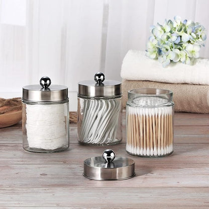 3PC Apothecary Jar Canisters Bathroom Vanity Organizer - Qtip Holder Storage Countertop & Stainless Steel Lids &Cute Stickers for Qtips,Cotton Swabs,Makeup Sponges,Floss (Brushed Nickel)
