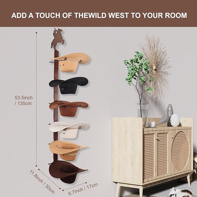Cowboy Hat Rack Holder for Wall - Wild Western Style Design Hat Organizer with 6 Hat Hooks for Wall Mount, Hat Stand and Hanger for Storage and Organization，Gifts for Men Fathers Dad