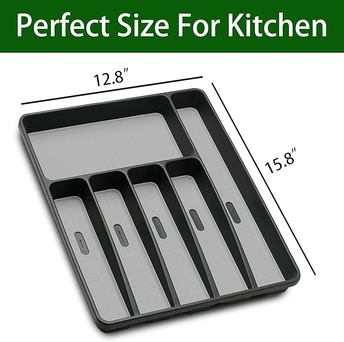 Loyareal Silverware Organizer Utensil Organizer Holder Kitchen Drawer Organizer Plastic Silverware Tray for Drawer Flatware Organizer 6 Compartment Black