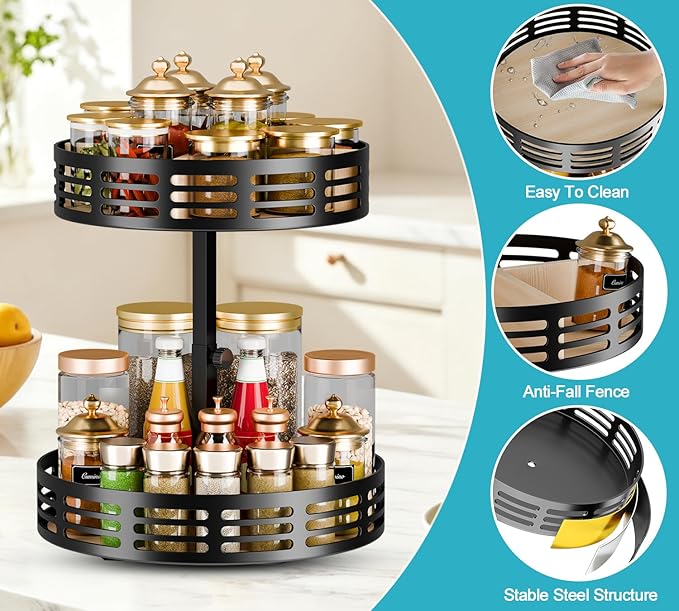 2 Tier Lazy Susan Organizer - 360° Rotating Spice Rack, Adjustable Industrial Spinning Spice Holder, Versatile Countertop Organizer for Cabinet, Pantry, Kitchen, Dining Table, Bathroom and Vanity