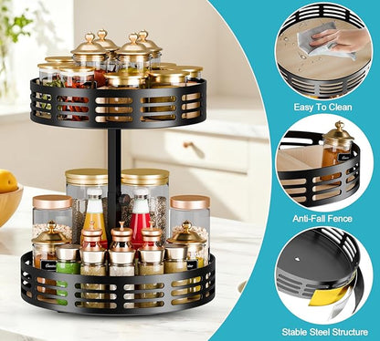 2 Tier Lazy Susan Organizer - 360° Rotating Spice Rack, Adjustable Industrial Spinning Spice Holder, Versatile Countertop Organizer for Cabinet, Pantry, Kitchen, Dining Table, Bathroom and Vanity