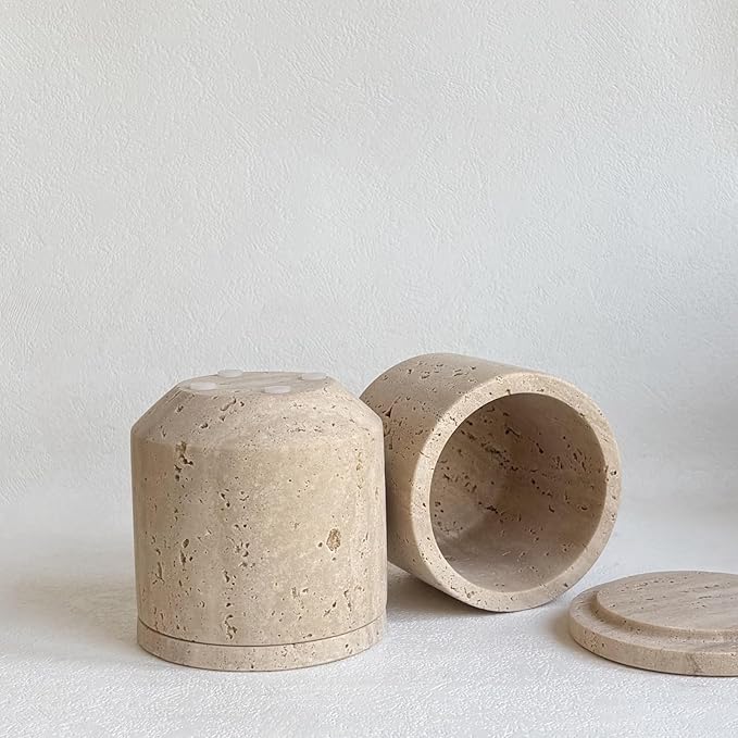 Natural Marble Hole Stone Cosmetic Cotton Swab Sundry Small Tank Storage Box Jar with Lid (Yellow Travertine)