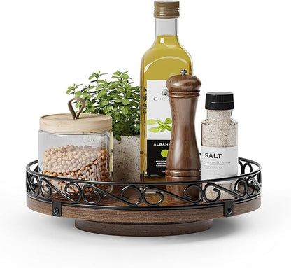 9" Lazy Susan Turntable Organizer for Table Top, Round Wooden Lazy Susan for Cabinet, Farmhouse Decorative Tray for Coffee Table, Kitchen Organizer Countertop, Center Piece Decor, Rustic Brown
