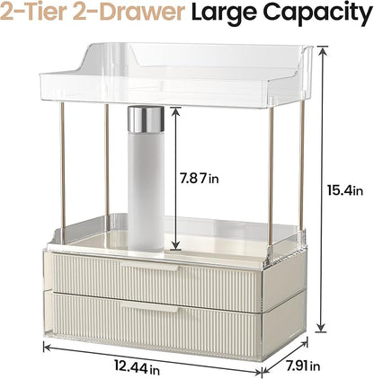 Delamu Bathroom Organizers and Storage, 2 Tier 2 Drawer Makeup Organizer Countertop, Easy to Install, Ideal for Bathroom Counter, Vanity, Ideal Gifts for Women Girls, Cream White